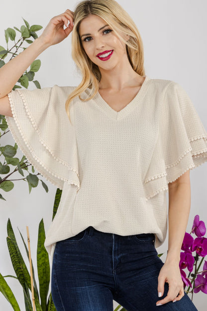 CELESTE Full Size V-Neck Lace Trim Flutter Sleeve Top