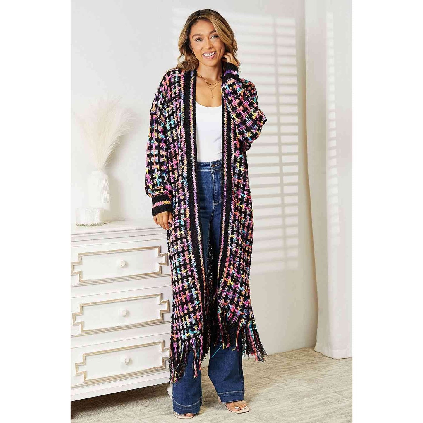 DOUBLE TAKE Full Size Multicolored Open Front Fringe Hem Cardigan