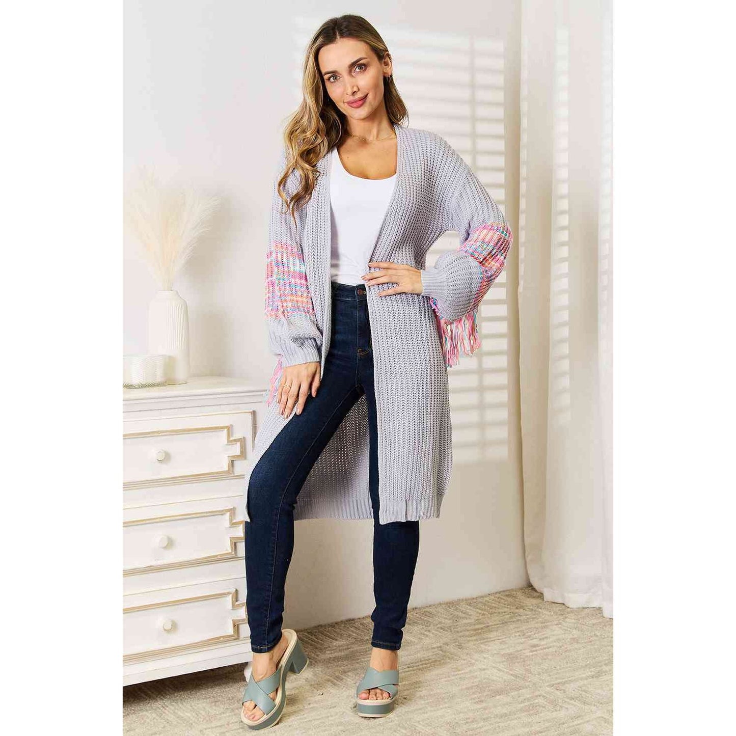 WOVEN RIGHT Fringe Sleeve Dropped Shoulder Cardigan