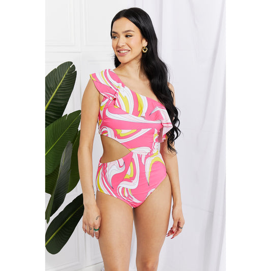 Marina West Swim Vitamin C Asymmetric Cutout Ruffle Swimsuit in Pink