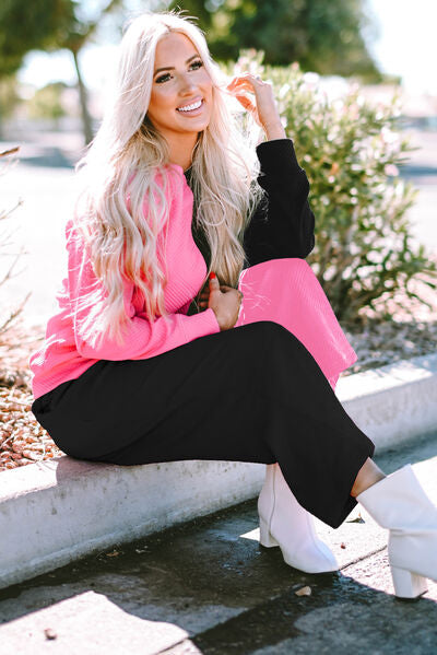 Pink/Black Color Block Round Neck Sweatshirt and Pants Set