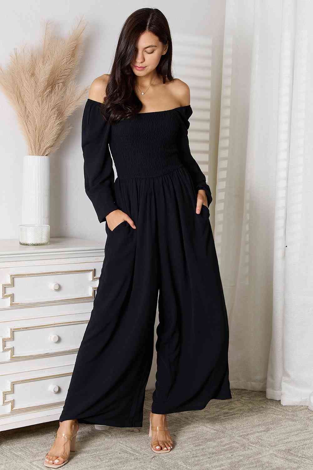 DOUBLE TAKE Black Square Neck Jumpsuit with Pockets