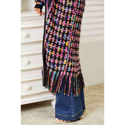 DOUBLE TAKE Full Size Multicolored Open Front Fringe Hem Cardigan