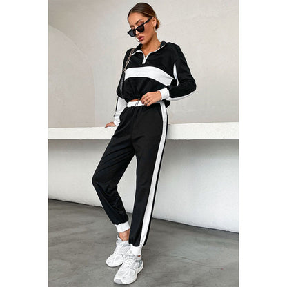 Black/White Contrast Striped Half Zip Cropped Sweatshirt and Joggers Set