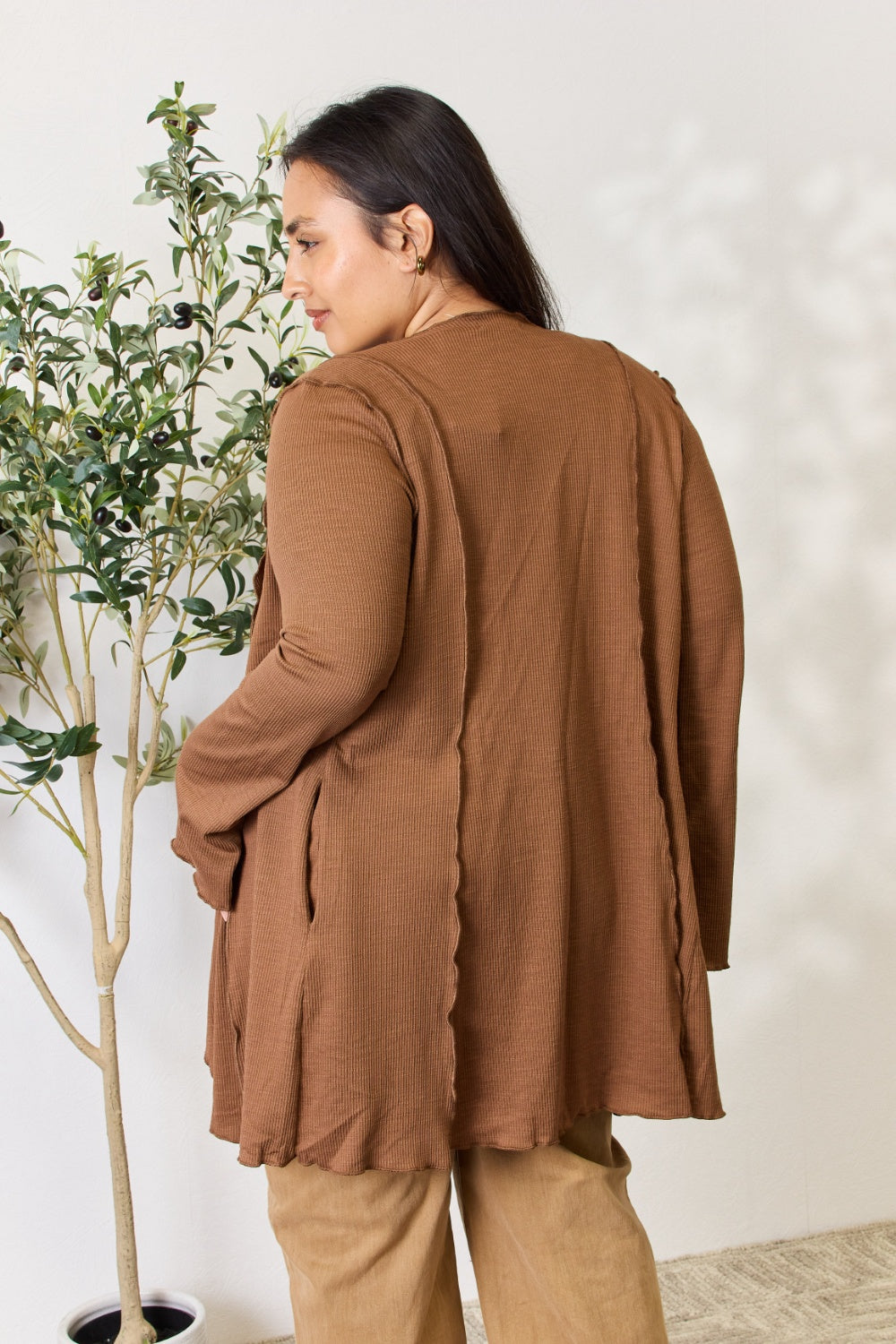 CULTURE CODE Full Size Cocoa Brown Open Front Long Sleeve Cardigan