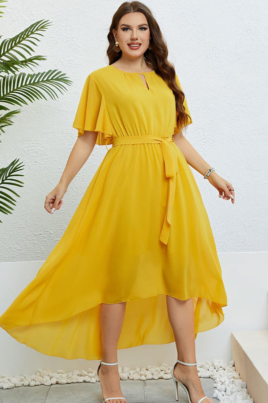 Plus-size Mustard Belted Flutter Sleeve High-Low Dress