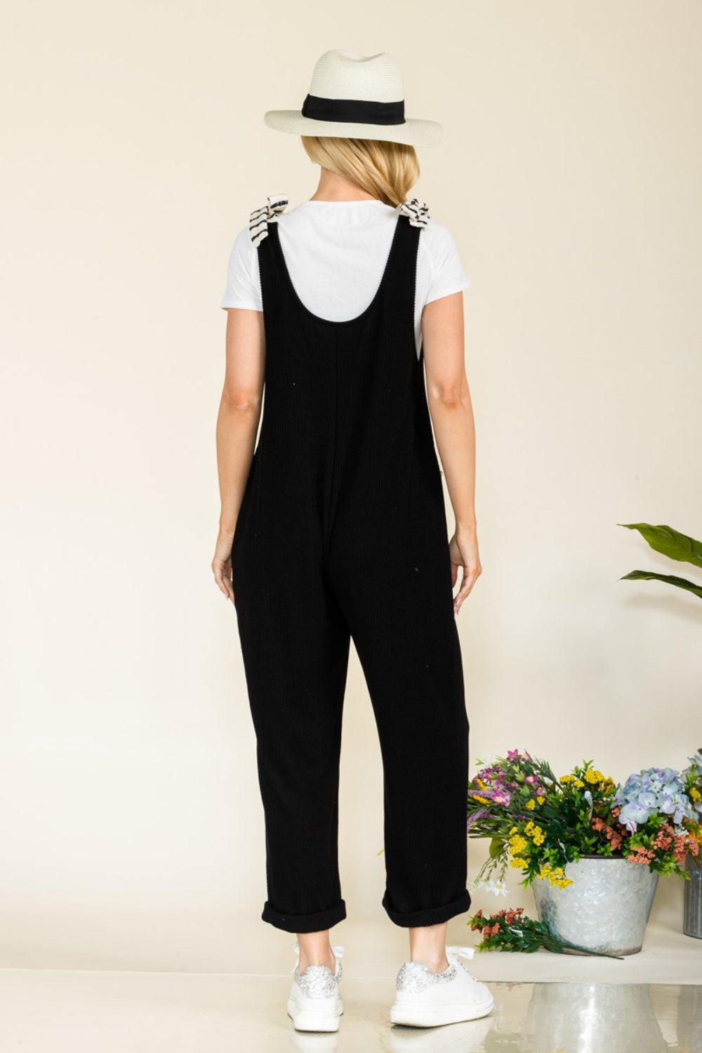 CELESTE Full Size Stripe Contrast Pocket Rib Jumpsuit