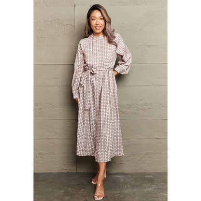 Printed Tie Waist Long Sleeve Dress