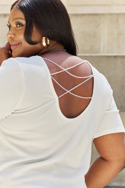 AND THE WHY Pearly White Full Size Criss Cross Pearl Detail Open Back T-Shirt/ S-3XL