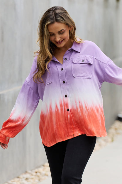 WHITE BIRCH Relaxed Fit Lavender Tie-Dye Button Down Top