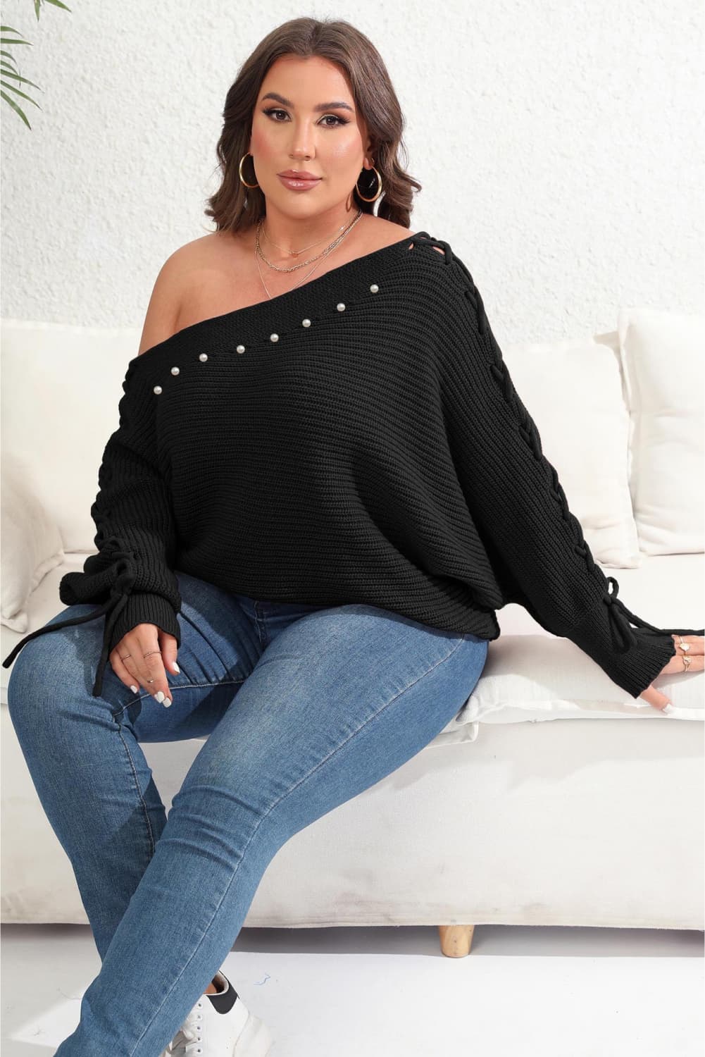 Stylish Plus Size Off-the-Shoulder Beaded Sweater