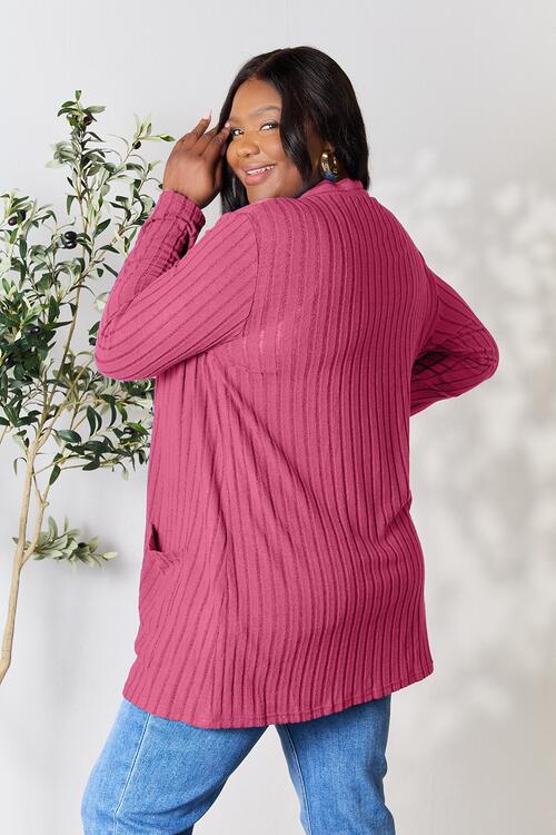 BASIC BAE Full Size Ribbed Open Front Cardigan with Pockets