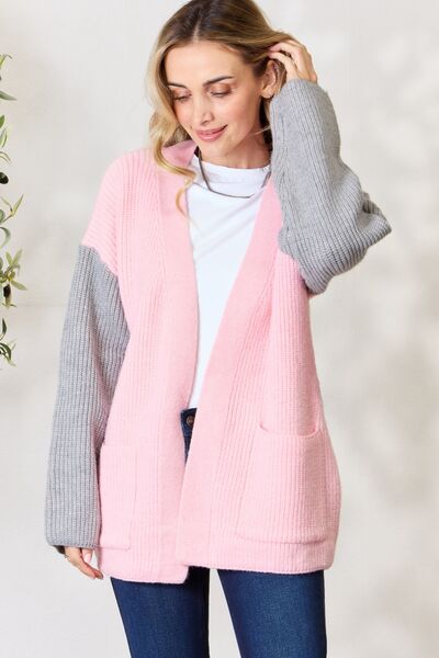 BiBi Pink/Grey Contrast Open Front Cardigan with Pockets