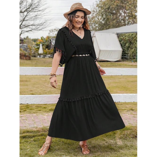 Plus Size Tassel Trim V-Neck Short Sleeve Ruffle Hem Dress