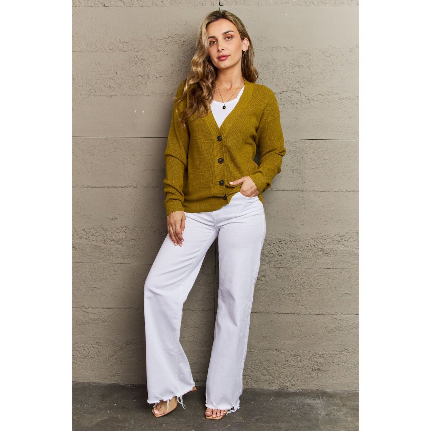 ZENANA Kiss Me Tonight Full Size Button Down Cardigan in Chartreuse