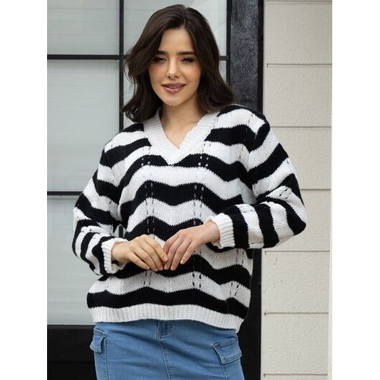 Openwork Striped V-Neck Sweater