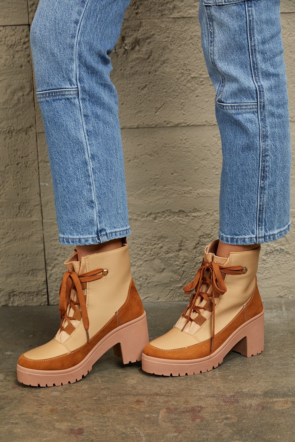 EAST LION CORP Tan Lace-Up Lug Ankle Booties