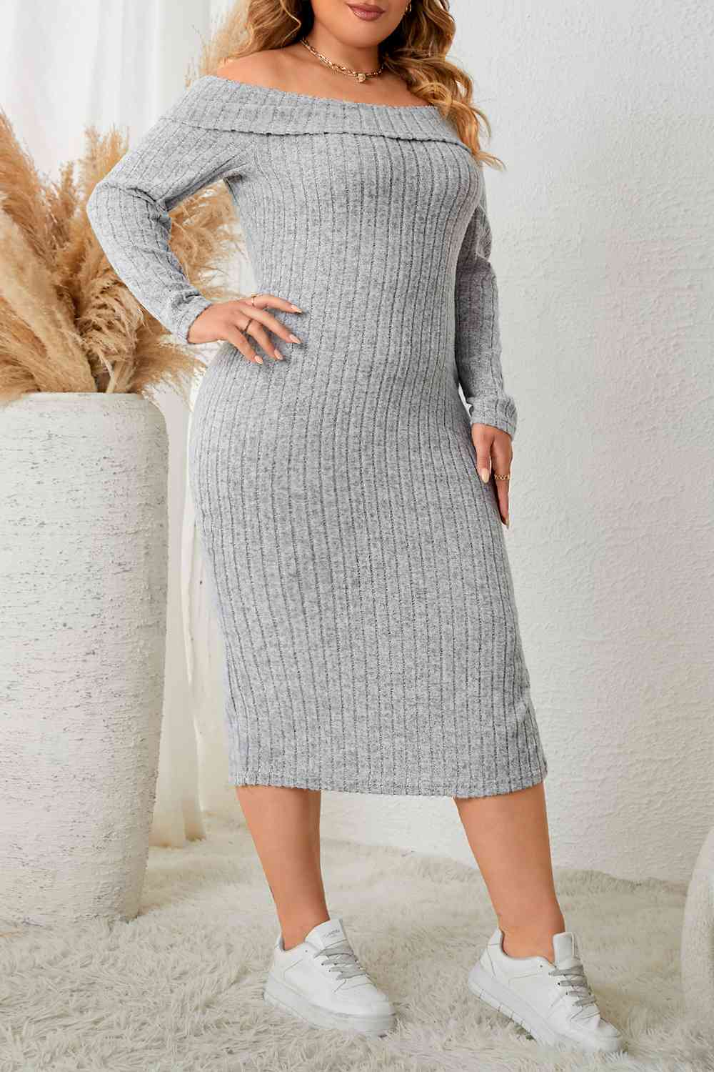 Plus Size Square Neck Long Sleeve Slit Dress