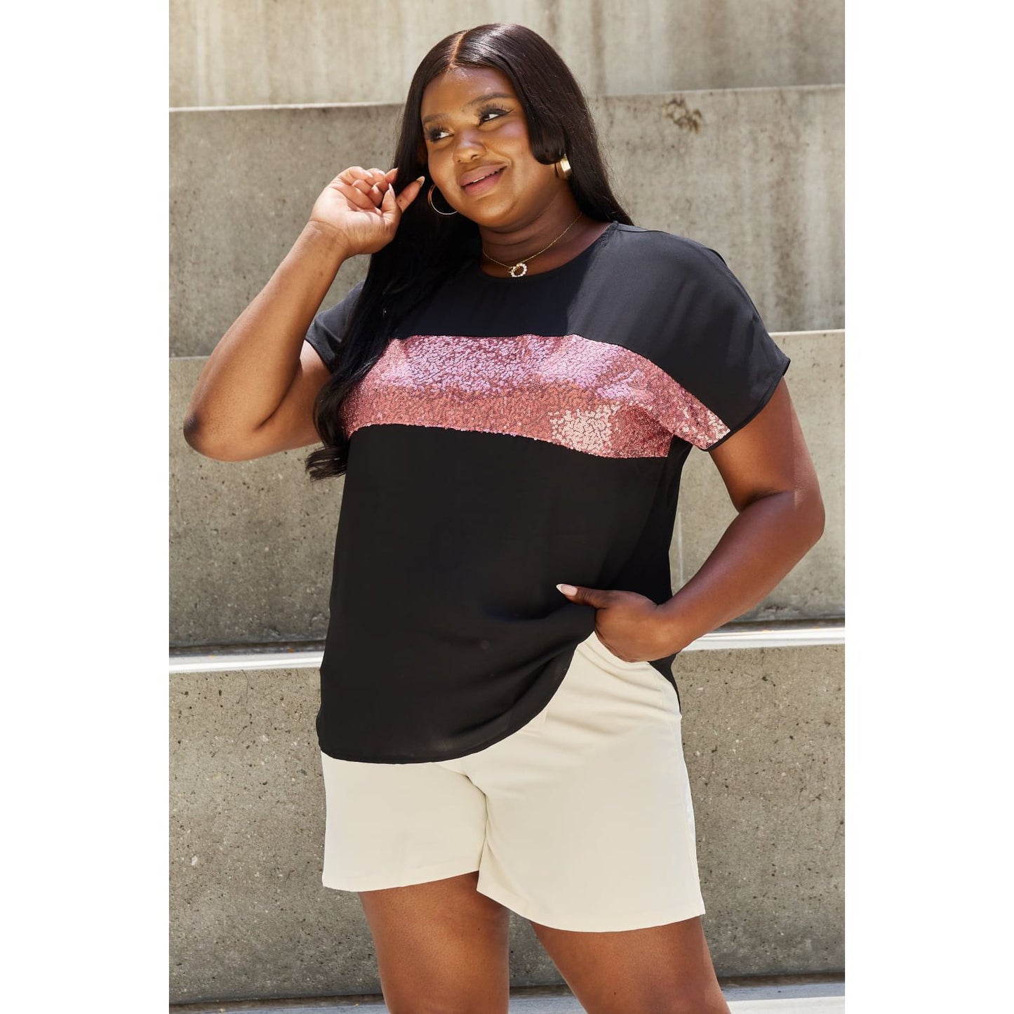 Sew In Love Shine Bright Full Size Center Mesh Sequin Top in Black/Mauve