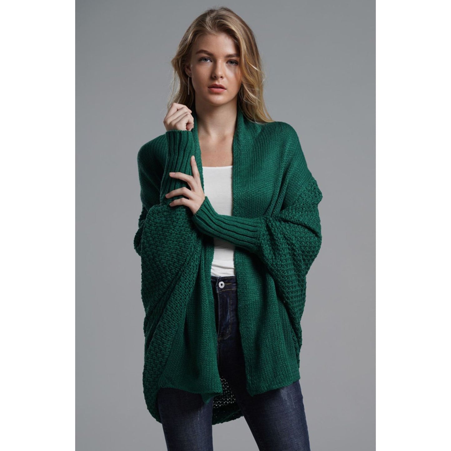 DOUBLE TAKE  Dolman Sleeve Open Front Ribbed Trim Longline Cardigan