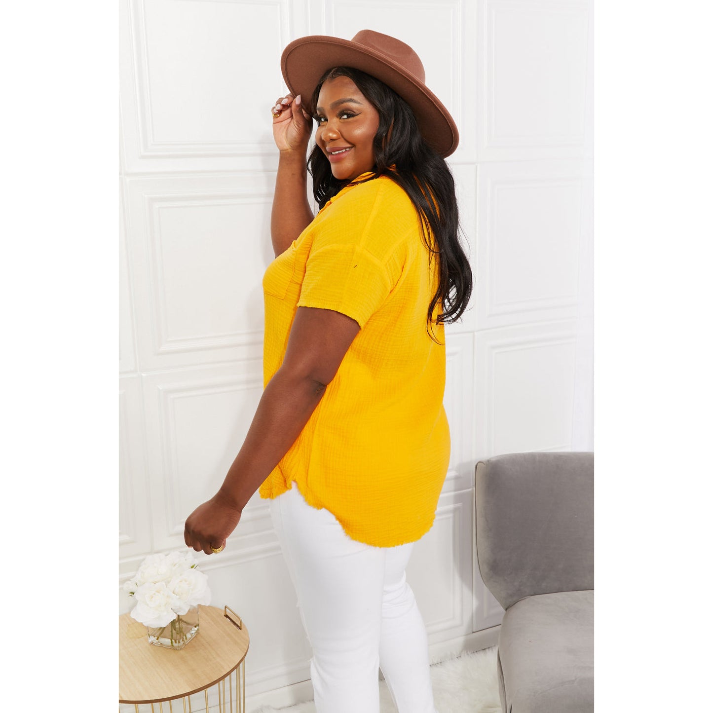 ZENANA Full Size Summer Breeze Gauze Short Sleeve Shirt in Mustard