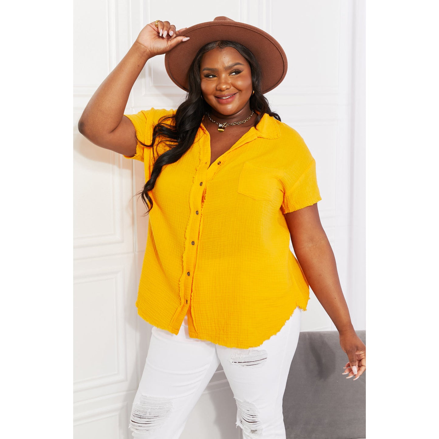 ZENANA Full Size Summer Breeze Gauze Short Sleeve Shirt in Mustard