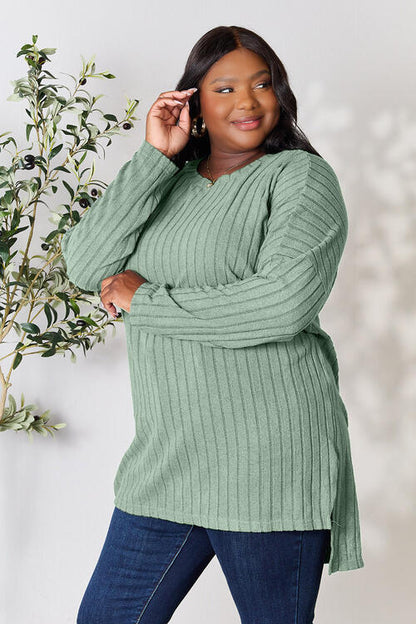 BASIC BAE Full Size Ribbed Round Neck Long Sleeve Slit Top/ S-3XL