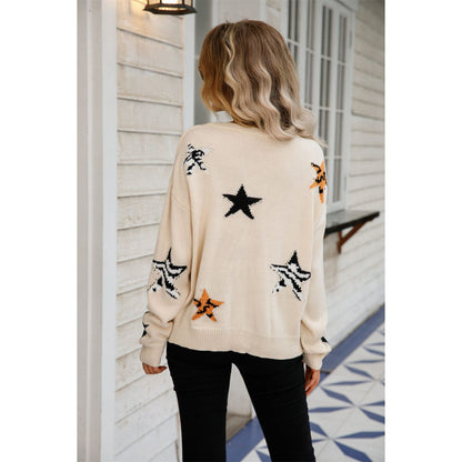 Star Pattern Round Neck Dropped Shoulder Sweater