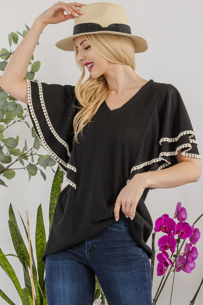 CELESTE Full Size V-Neck Lace Trim Flutter Sleeve Top