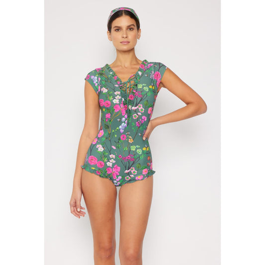 MARINA WEST Swim Bring Me Flowers V-Neck One Piece Swimsuit In Sage