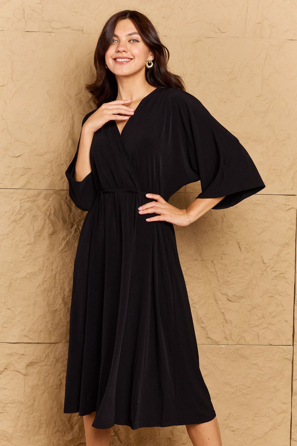 ON THE LAND Black Make Your Move Solid Surplice Midi Dress