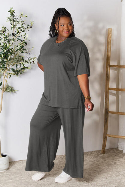 DOUBLE TAKE Full Size Round Neck Slit Top and Wide-leg Pants Lounge Set