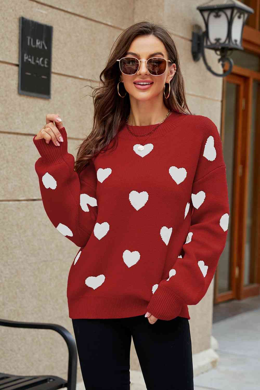 WOVEN RIGHT Heart Pattern Lantern Sleeve Round Neck Tunic Sweater