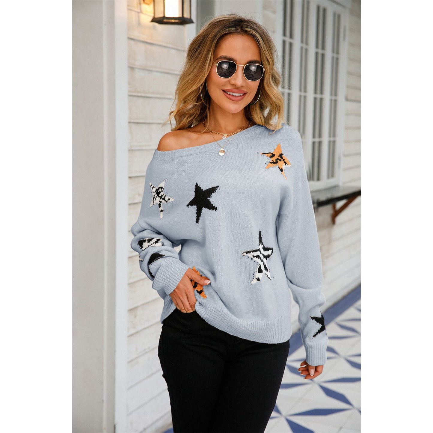 Star Pattern Round Neck Dropped Shoulder Sweater