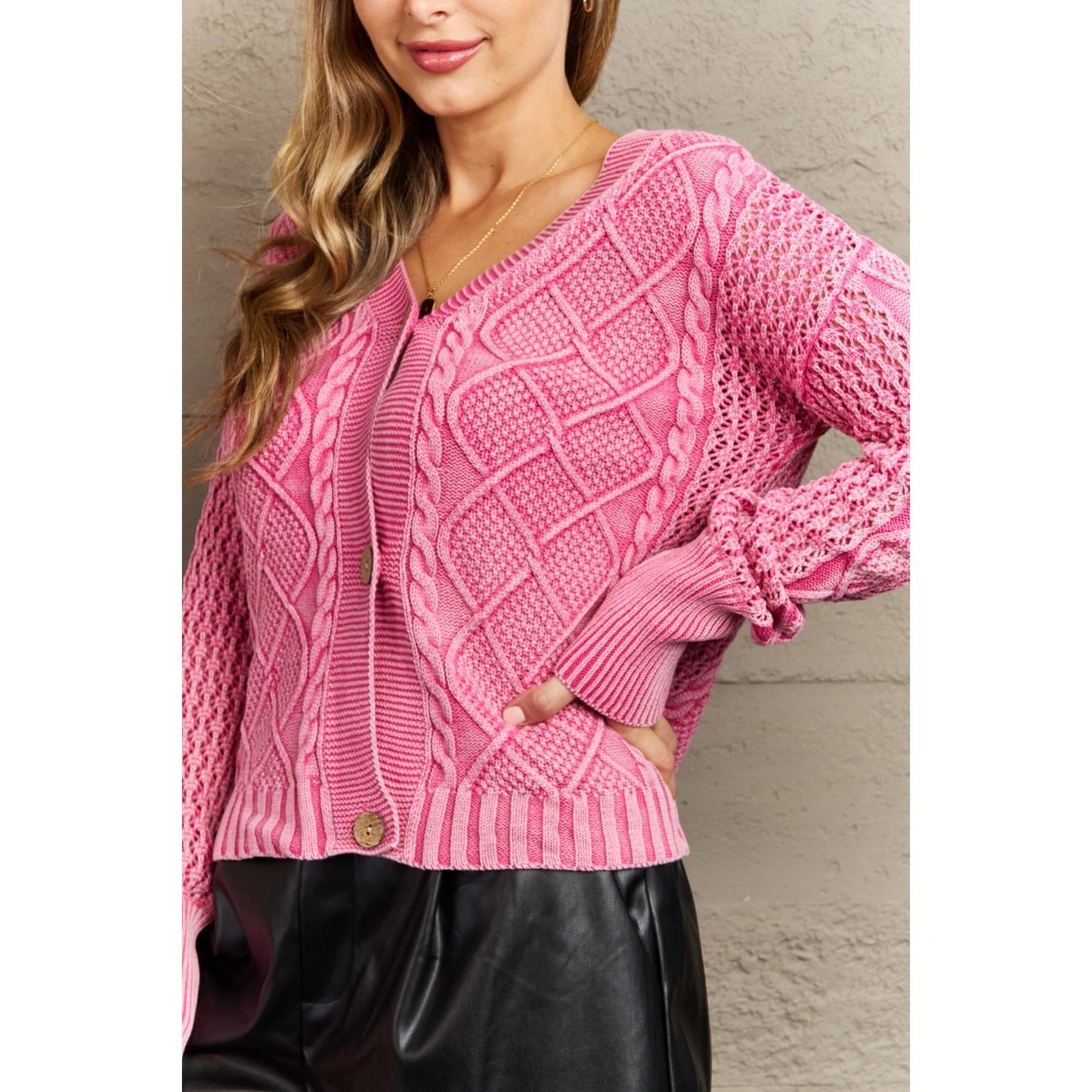 HEYSON Soft Focus Full Size Wash Cable Knit Cardigan in Fuchsia