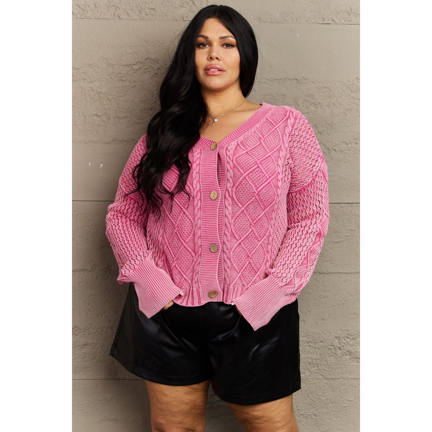 HEYSON Soft Focus Full Size Wash Cable Knit Cardigan in Fuchsia