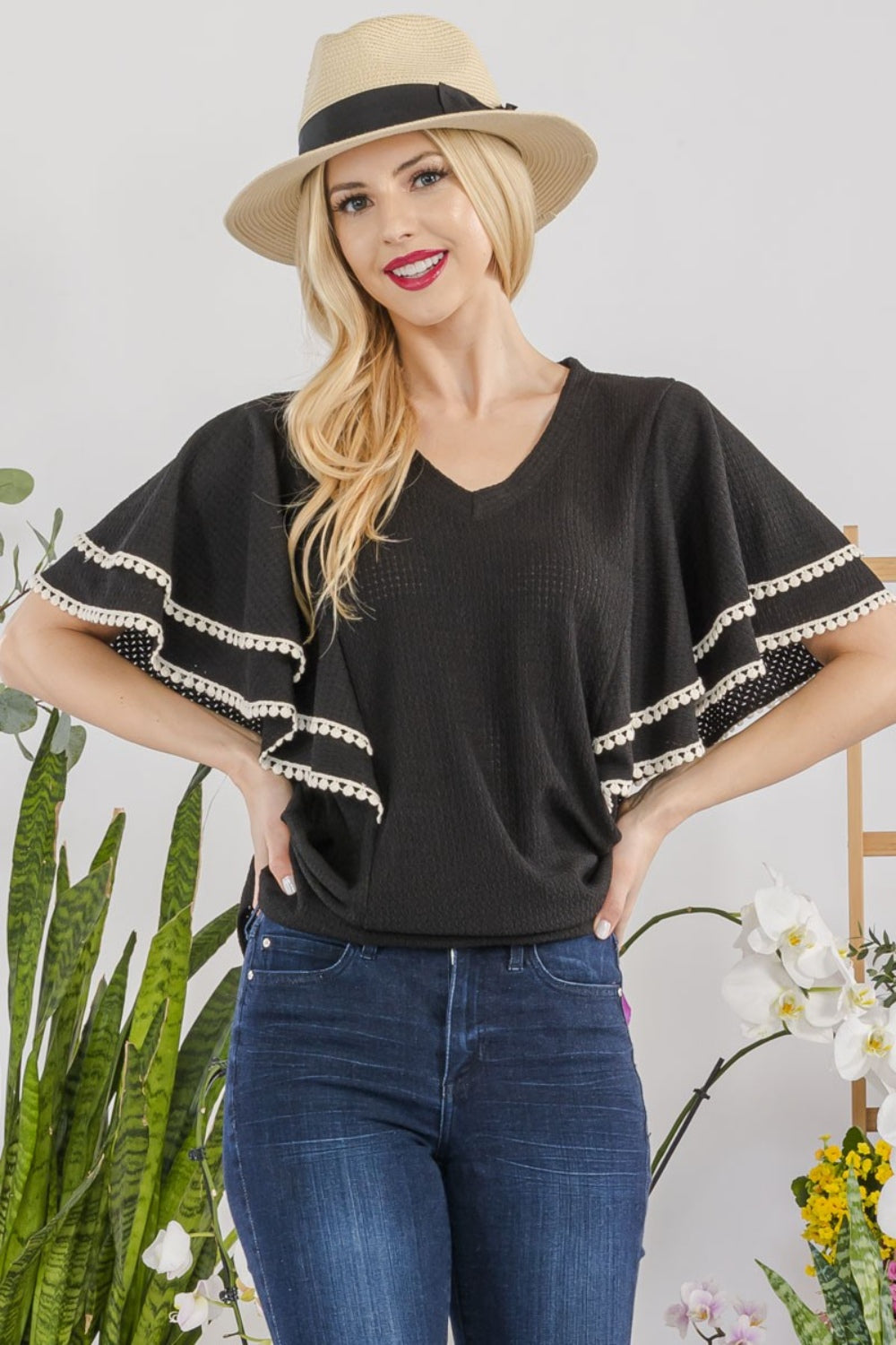 CELESTE Full Size V-Neck Lace Trim Flutter Sleeve Top