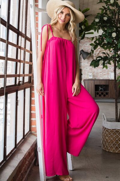 VEVERET Pocketed Spaghetti Strap Wide Leg Jumpsuit