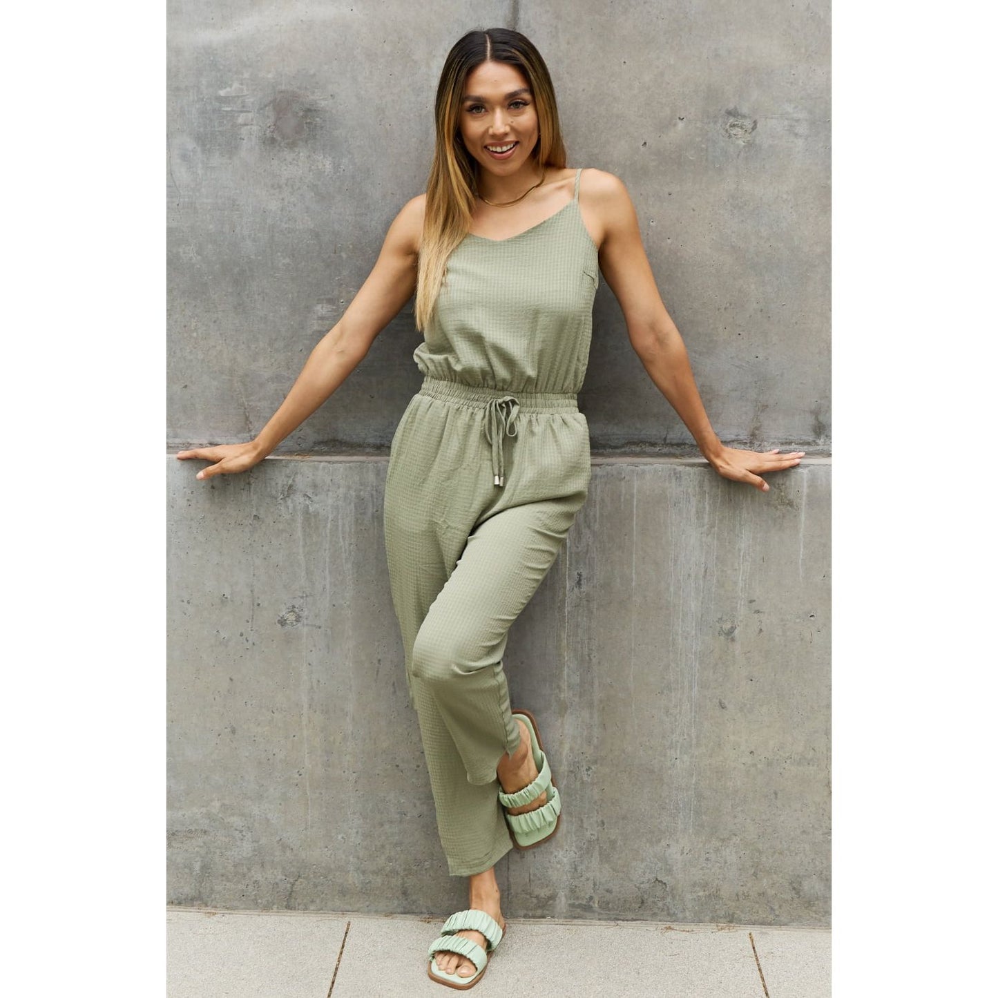 ODDI Full Size Textured Woven Jumpsuit in Sage