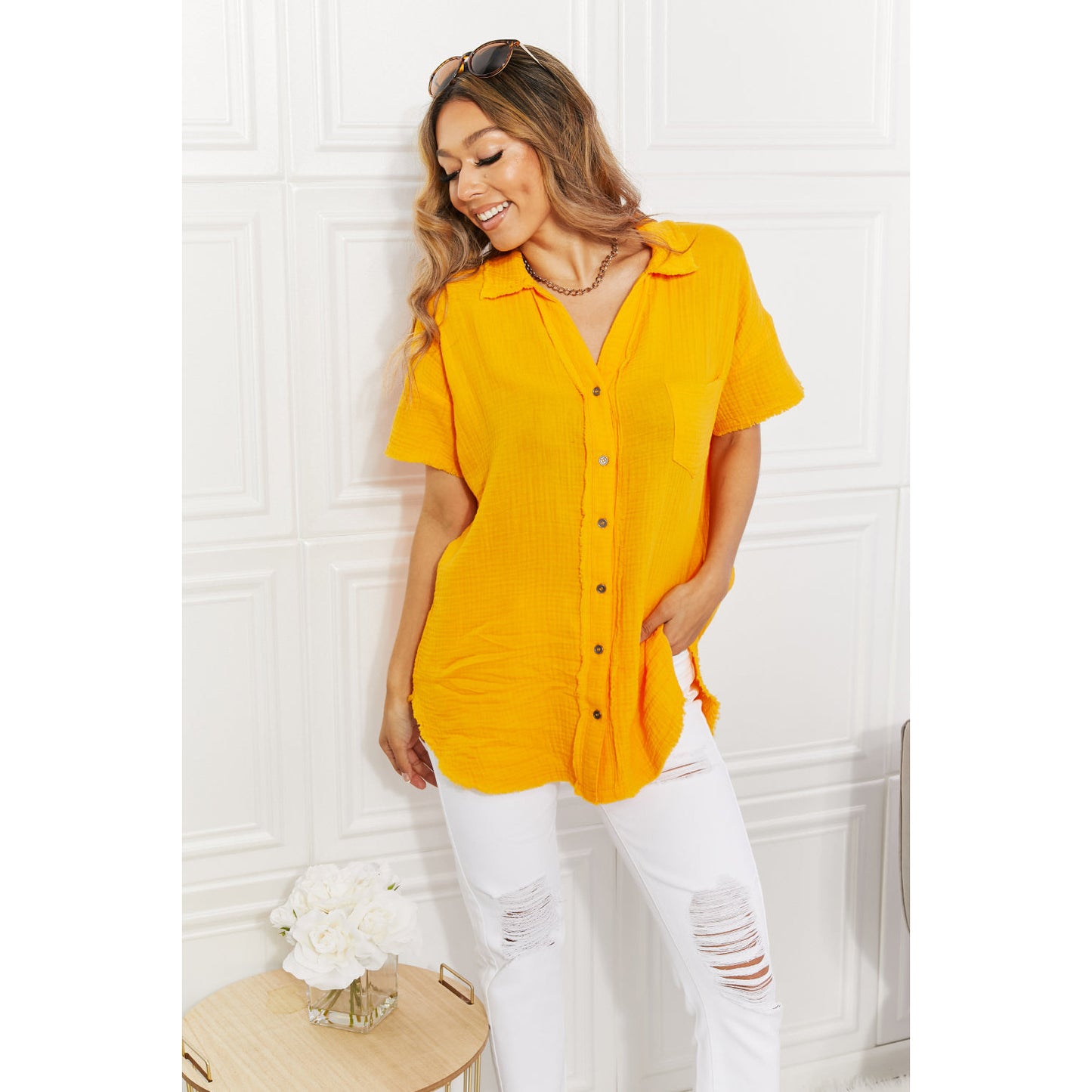 ZENANA Full Size Summer Breeze Gauze Short Sleeve Shirt in Mustard