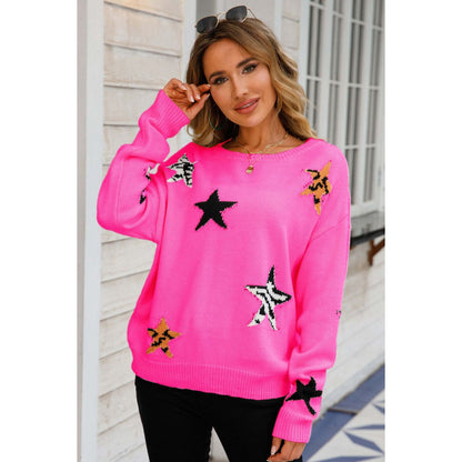 Star Pattern Round Neck Dropped Shoulder Sweater