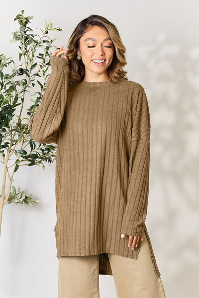 BASIC BAE Full Size Ribbed Round Neck Long Sleeve Slit Top/ S-3XL