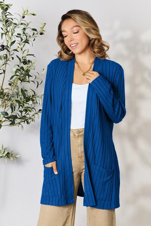 BASIC BAE Full Size Ribbed Open Front Cardigan with Pockets