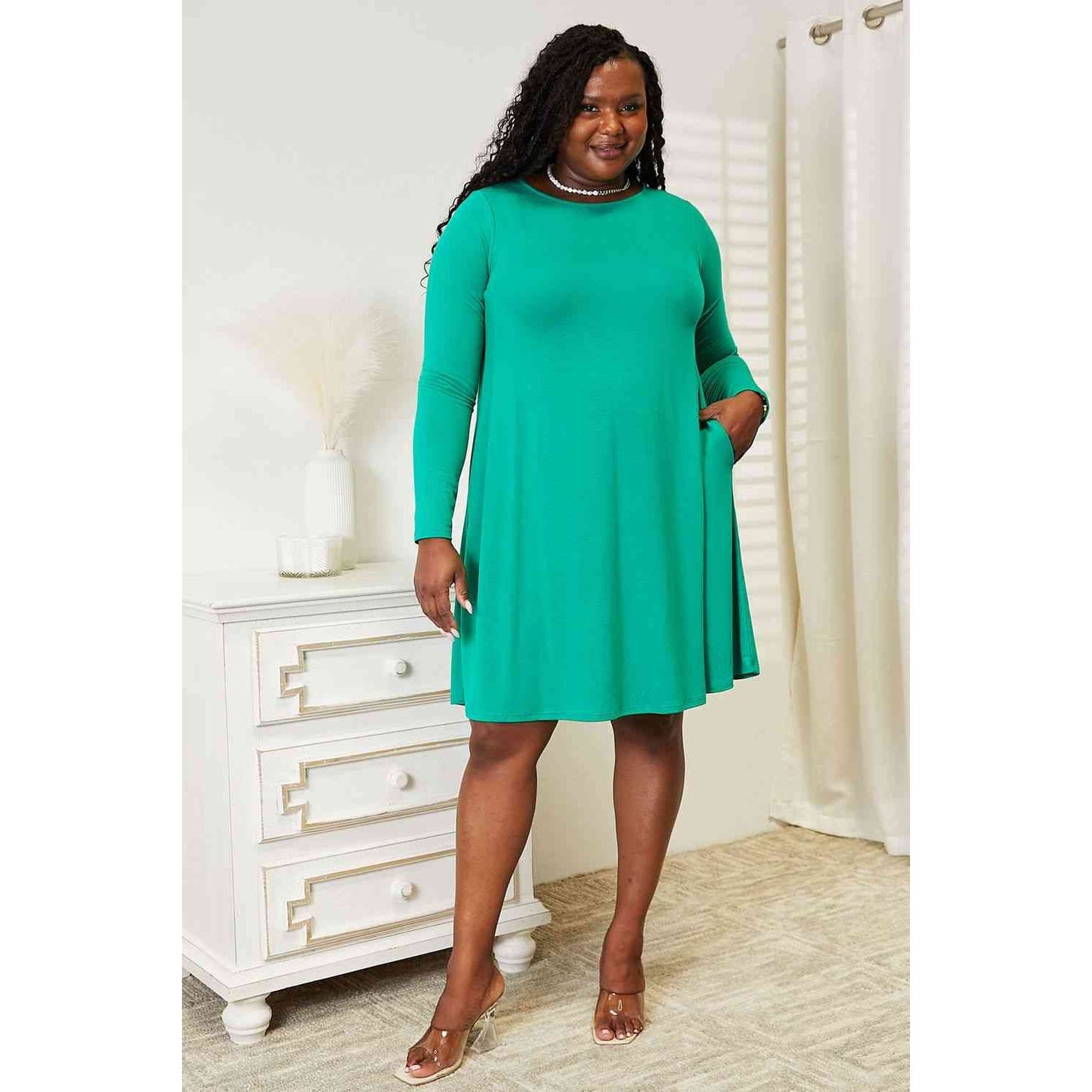 ZENANA Full Size Long Sleeve Flare Dress with Pockets