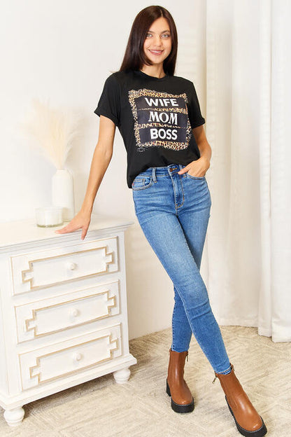 SIMPLY LOVE "WIFE MOM BOSS" Leopard Graphic T-Shirt