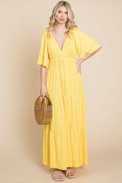 CULTURE CODE Lemonade Backless Plunge Half Sleeve Tiered Dress