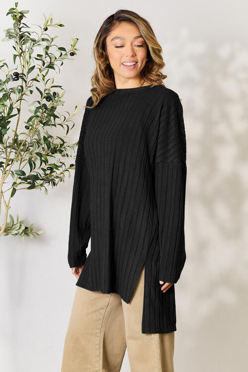 BASIC BAE Full Size Ribbed Round Neck Long Sleeve Slit Top/ S-3XL