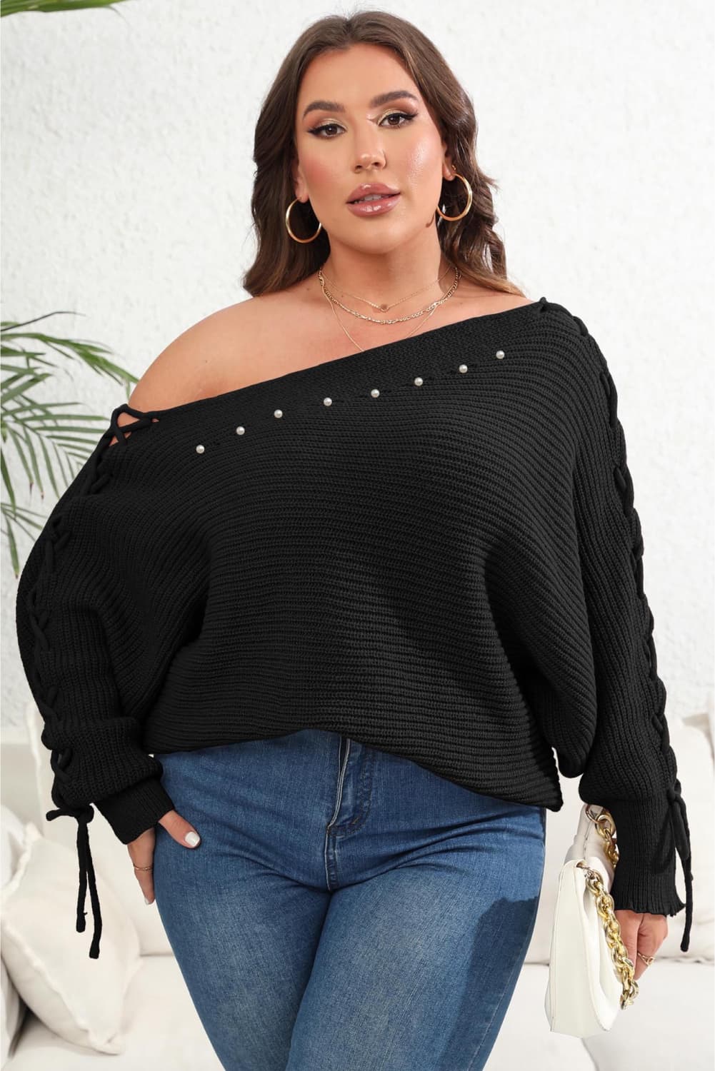 Stylish Plus Size Off-the-Shoulder Beaded Sweater