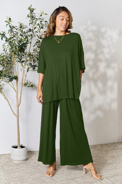 DOUBLE TAKE Full Size Round Neck Slit Top and Wide-leg Pants Lounge Set