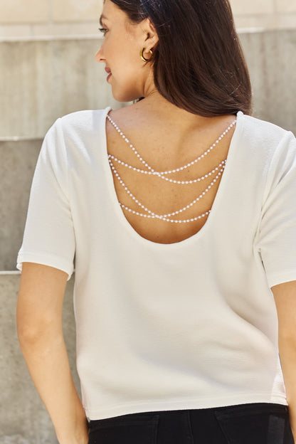 AND THE WHY Pearly White Full Size Criss Cross Pearl Detail Open Back T-Shirt/ S-3XL